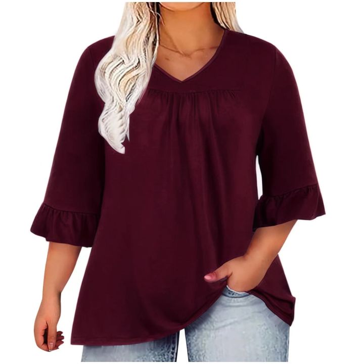 Elegant%20Ease:%20Women%E2%80%99s%20Plus%20Size%20Ruffle%20V-Neck%20Tops%20for%20Summer%20Style%20-%20Image%204