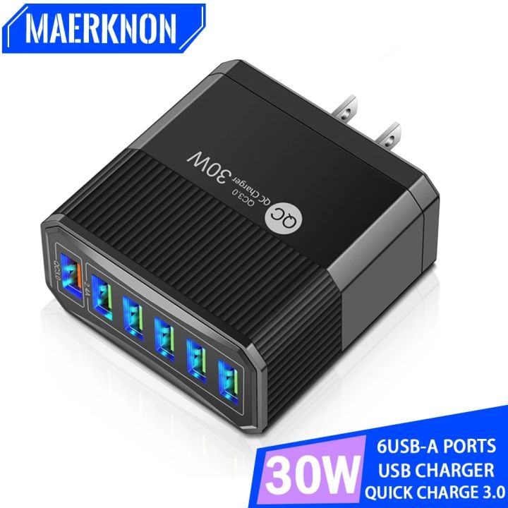 USB Charger 6 Ports 30W Fast Charging Phone Power Adapter Quick Charge 3.0 Wall Charger For iPhone 15 14 Samsung Oneplus Xiaomi