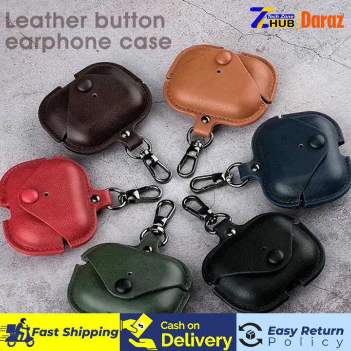 Luxury Leather Button Earphone Case for AirPods Pro | Waterproof Magnetic PU Protective Cover with Hook