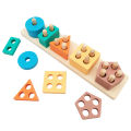 Wooden geometric building blocks for early childhood education. Shape matching, color recognition classification, and assembly five sets of pillar toys. 