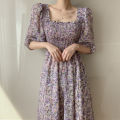 【FEELLAB】2024 New Summer Super Mori French Style Retro Square Collar Puff Sleeve Chiffon Floral Dress.