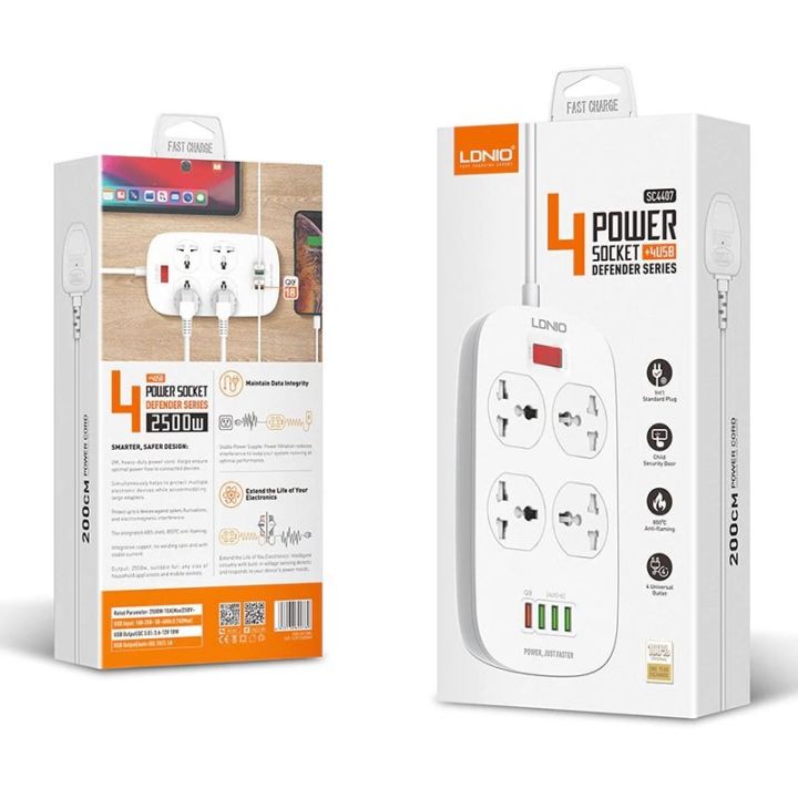 4 power socket with QC 3.0 support 4 USB Charging port with multiplug ...