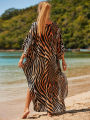 Summer Tiger Striped Print Bat Sleeves Side Split Beach Dress Plus Size Kaftan Swimsuit Bikini Cover-ups Women Beach Wear House Foocus. 