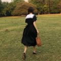 Dresses Women Preppy Style Sailor Collar Japanese Stylish Short Sleeve Sweet Vintage High-waist Students Girls All-match Female.