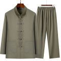 Spring and Autumn Ethnic Style Ancient Chinese Clothing Men's Tang Suit Men's Long-Sleeved Middle-Aged and Elderly Father Grandpa Cotton and Linen Suit60To70Years Old. 