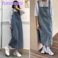 Denim Overall Dress Chic Suspender Denim Dress Trendy Collarless Bklessdi with ckets Split m Adjusle Straps Perfect for Stus soutast Buyers Denim Suspender Dress.