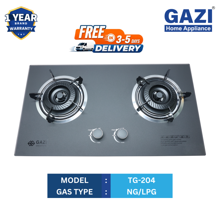 Gazi Gas Stove TG-204 | Premium Glass Body, Auto Ignition, Double Burner | LPG/NG Supported