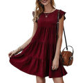 Women's Dress Solid Color Round Neck Short Sleeve Casual Cake Skirt Pleated Large Swing Skirt. 