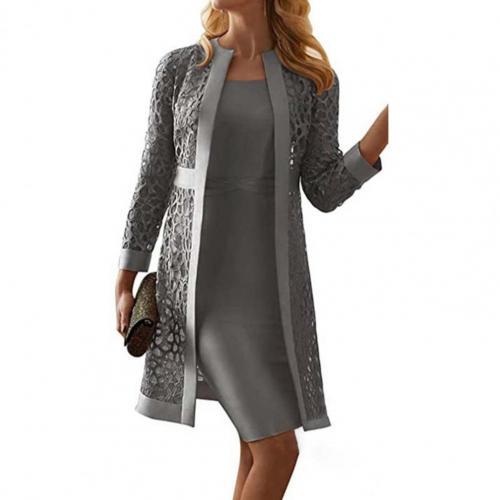 Women Outfit Solid Color Lace Cardigan Long Sleeve Knee-length Dress Coat Set for Office Coat + Vest Dress Female Two-Piece Suit