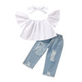 Summer girls' suit, children's one-shouldered white top, ripped jeans suit, fashion trendy girls' wear. 
