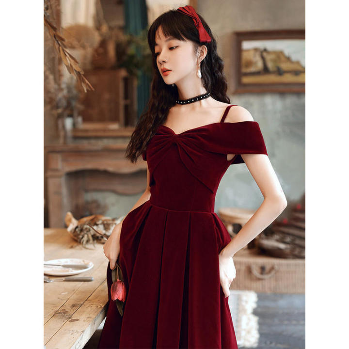 Red Toast Dress Bride2023New Marriage Engagement Back-to-Door Temperament Camisole Evening Dress for Women Daily Style