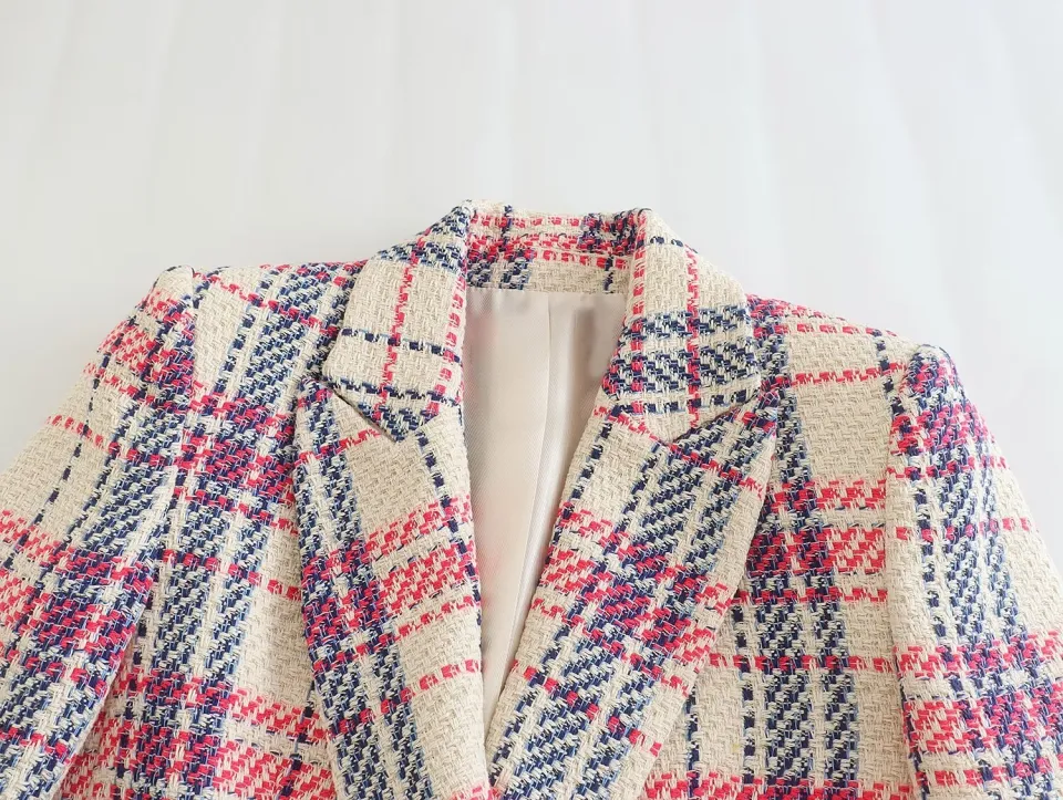 TRAF Plaid Tweed Blazer Women Textured Cropped Jacket Women Double