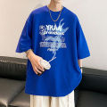 Elegantstunning Men Summer T-shirt Hong Kong Style Oversized Letter Printing Short Sleeve Round Neck Basic Shirts.
