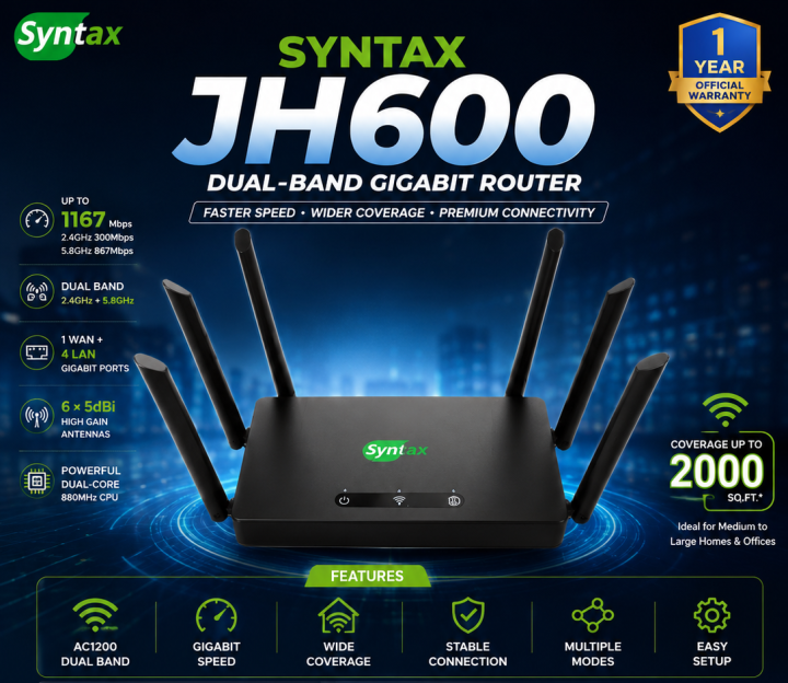 Syntax JH600 Dual Band Gigabit WiFi Router | Up to 1167Mbps | 6 High-Gain Antennas | 1 Year Official Warranty
