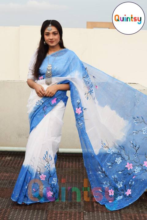 Exclusive Designer Hand Print Half Silk Saree for women