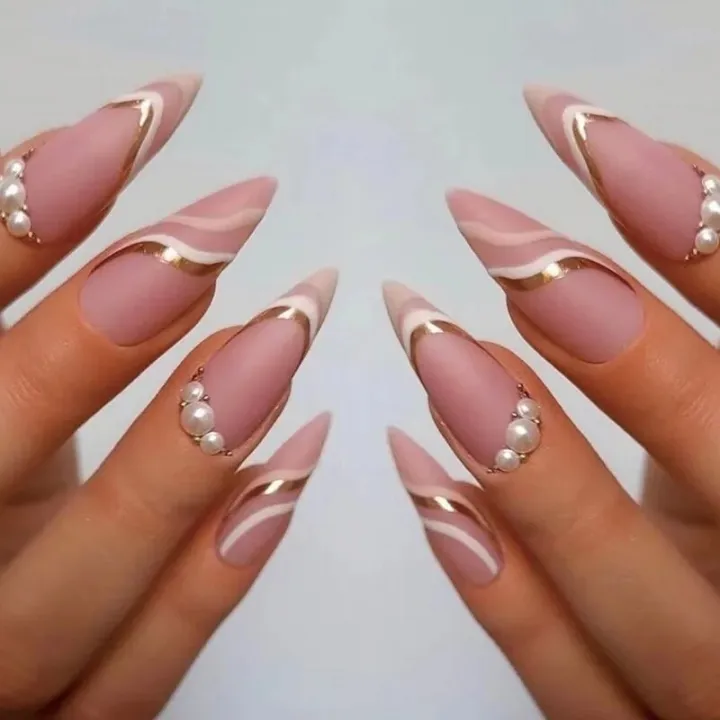 24pcs%20Nude%20Pink%20False%20Nails%20Love%20Design%20Detachable%20Nails%20French%20Lines%20Stiletto%20Point%20Nail%20Tips%20Press%20On%20Nail%20Art%20Stickers%20-%20Image%202