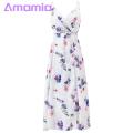 Amamia Party Dress Deep V Neck Floral Print Waist Tight Slit Hem Dress. 