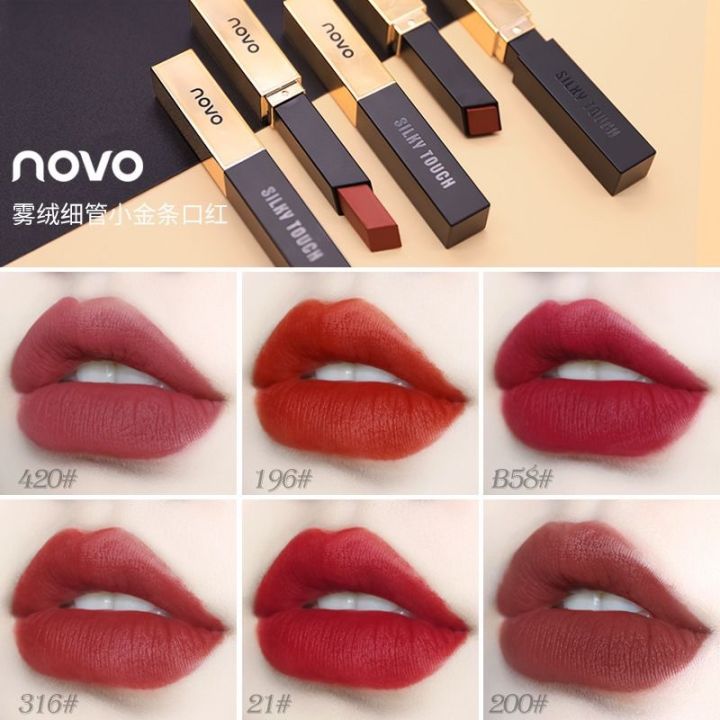 NOVO%20Velvet%20Thin%20Tube%20Small%20Gold%20Bar%20Lipstick%20Women's%20Tube%20Matte%20Lipstick%20Bean%20Paste%20Cinnabar%20Orange%20Red%20Waterproof%20Non-Makeup%20-%20Image%202