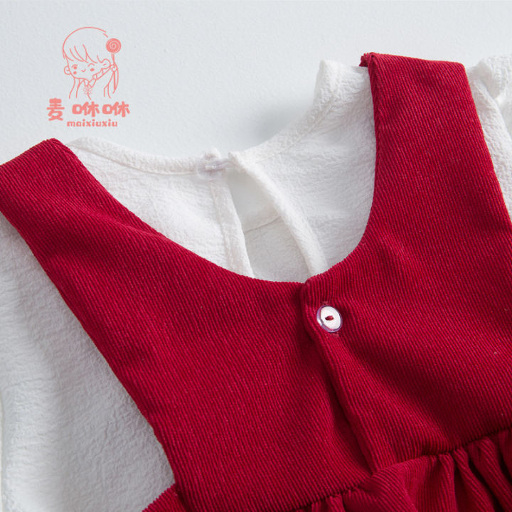 Mai%20Xiu%20Xiu%20Xiu%20Girls%20Dress%20Spring%20and%20Summer%20Bow%20Puff%20Sleeve%20Strap%20Dress%20Baby%20Children's%20Wear%20Two-Piece%20Set%20-%20Image%204