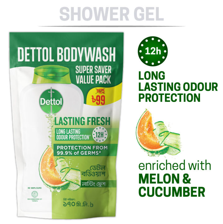 Dettol Body Wash Lasting Fresh with Refreshing Melon & Cucumber Fragrance, 12 Hours Odour Protection 170ml Shower Gel Super Saver Value Pack