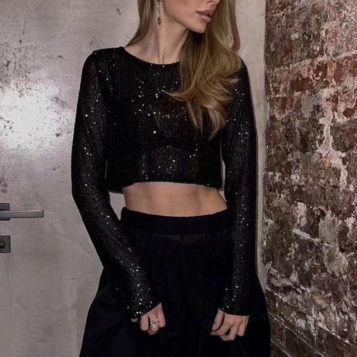 Women%20Sequin%20Top%20Sparkling%20Sequin%20Crop%20Top%20for%20Women%20Stylish%20O%20Neck%20Long%20Sleeves%20Soft%20Pullover%20for%20Club%20Party%20Stage%20Show%20Trendy%20Waist-exposed%20Lady%20Top%20Long-sleeve%20Top%20-%20Image%207