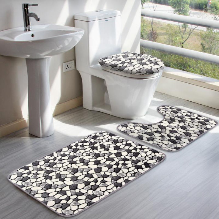 3Pcs Stone Pattern Washable Anti-Slip Bathroom Pedestal Rug Carpet Set Toilet Lid Cover Bath Mat Set Bathroom Supplies
