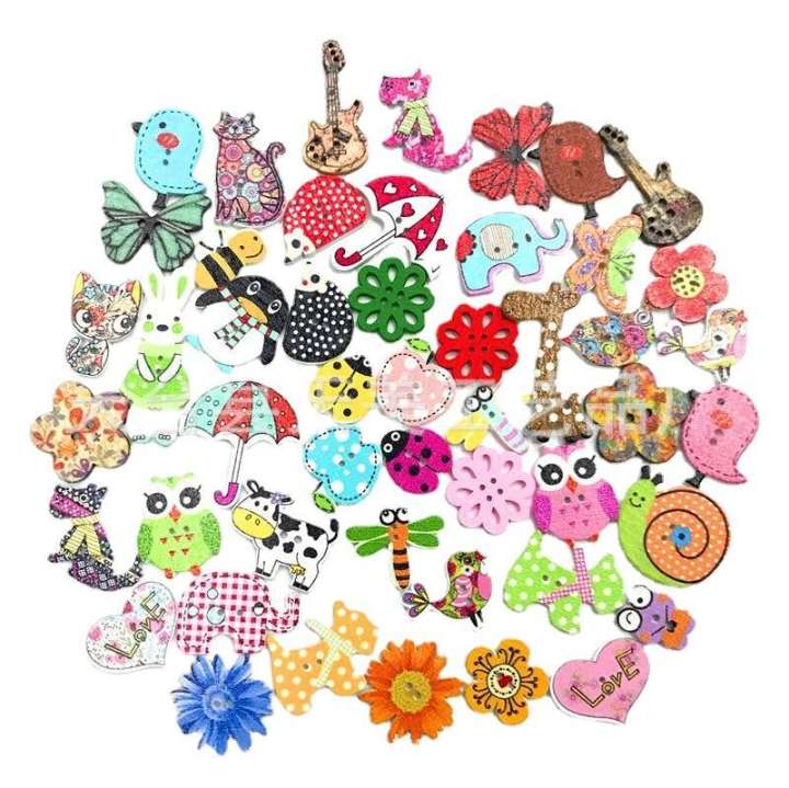 Cartoon animals, butterflies, birds, flower pieces, wooden buttons, handmade materials