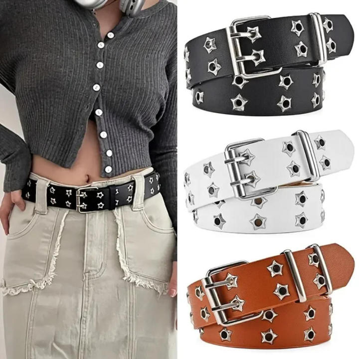 Adjustable Rivet Belt Trendy Double Buckle PU Leather Goth Belt Star Design Double Pin Belt for Men's Fashion Women's Fashion