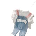 Girls autumn wing denim bib pants bib pants pink bib jeans foreign jeans E17. 