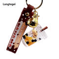 Pingente Keychain com Liquid Quicksand Garrafa, Simulação Óleo, Flutuante, Bubble Tea, Urso, Bonito, Na moda.