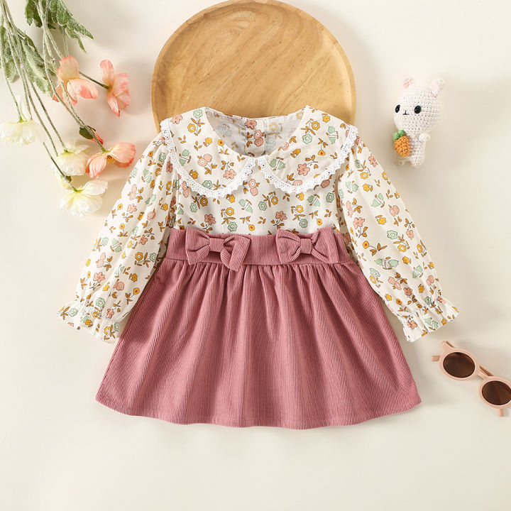 (0-3 Years Old) New Spring and Fall Girls' Dress Lapel Lace Edge Lace Bow Bow Fake Two Small Floral Patterns Birthday Party