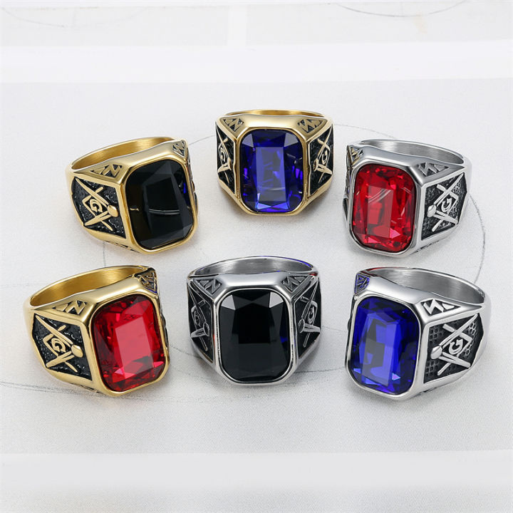 Bomei Jewelry Stainless steel masonic ring Red Black Blue