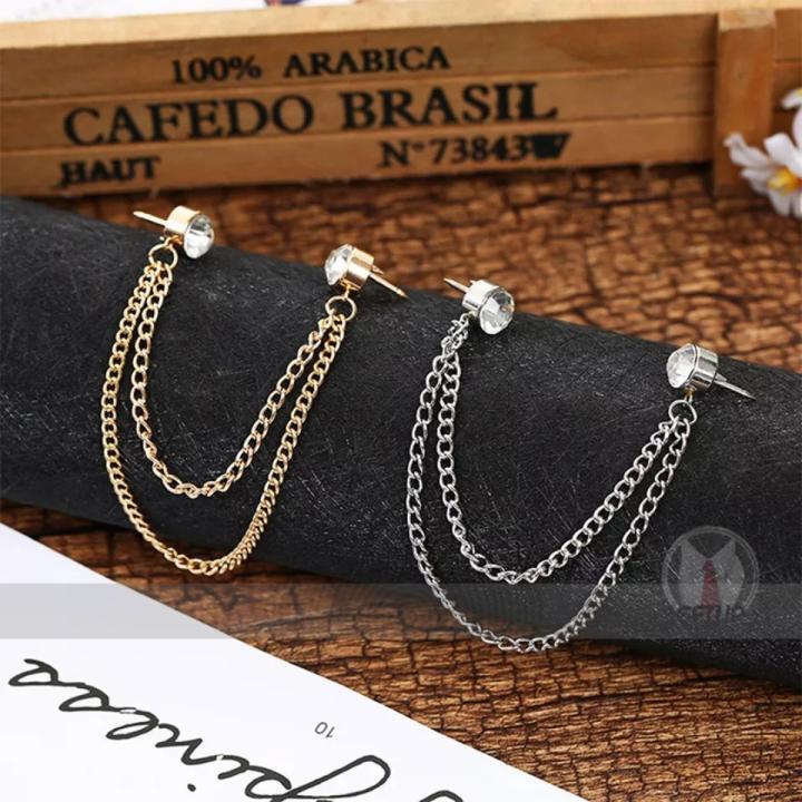 Silver White Stone Chain Brooches Shirt & Suit Collar