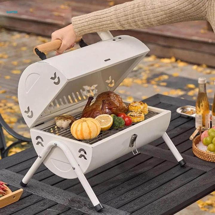 Grill Barbecue Grill Camping Grilling Meat Holder Rack Cooking Tabletop Grill for Outdoor, Camping, Campfire , With Baking Tray, White