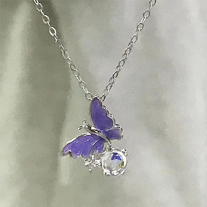 Purple Sparkling Diamond Bubble Butterfly Pendant Necklace Women Sweet Clavicle Neck Jewelry Party Gift Necklaces Girls Jewelry WANNA
