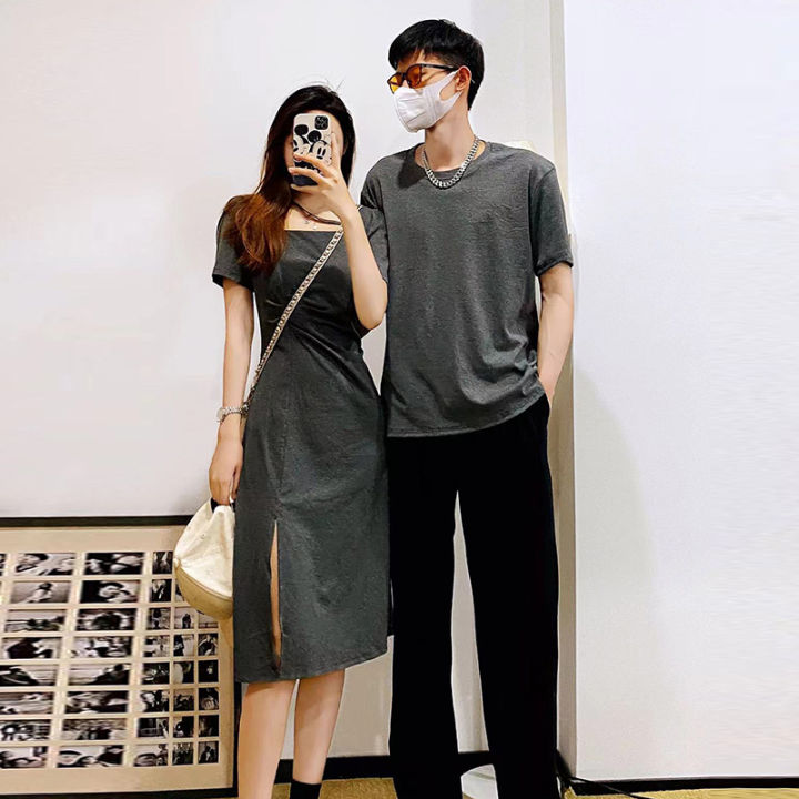 Couple%20Wear%20One%20Dress%20One%20Dress%20French%20Simplicity%20Square%20Collar%20Solid%20Color%20SummerXSplit%20Long%20Dress%20MenTT-shirt%20-%20Image%203