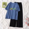 Single Piece / Suit T T-shirt Women's Summer Korean Style ins Cartoon Small Printed Loose Wide-Leg Pants Short-Sleeved Shirt Fashion.