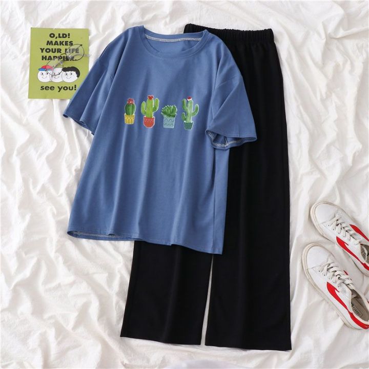 Single%20Piece%20/%20Suit%20T%20T-shirt%20Women's%20Summer%20Korean%20Style%20ins%20Cartoon%20Small%20Printed%20Loose%20Wide-Leg%20Pants%20Short-Sleeved%20Shirt%20Fashion%20-%20Image%205
