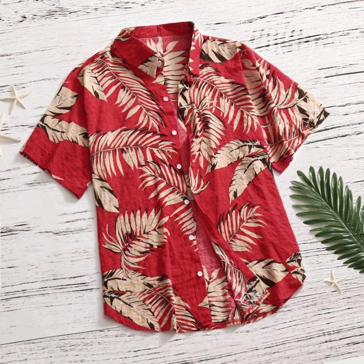 Hawaiian Shirt Men Holiday Short Sleeve Red Shirt Turn Down