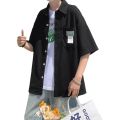 Hong Kong Style Solid Color Labeling Short-Sleeved Shirt for Boys Summer Trendy Japanese Loose Casual Half Sleeves Shirt Coat Cardigan. 