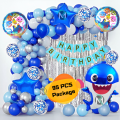 Cartoon Shark Theme Birthday Decoration Combo Pack – With Card Banner, Foil Backdrop Curtain, HQ Balloons, Deco Kit & More- Full Package- (Pack of 95 Pcs). 