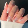 24Pcs Almond Nail with Beveled French Design Glitter Stripes False Nails Round Head Wearable Press on Nails Manicure Tips. 
