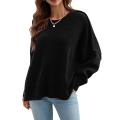Funne eshopWomen Autumn Loose Knitwear, Solid Color Long Sleeve Round Neck Slit Hem Elegant Sweater. 