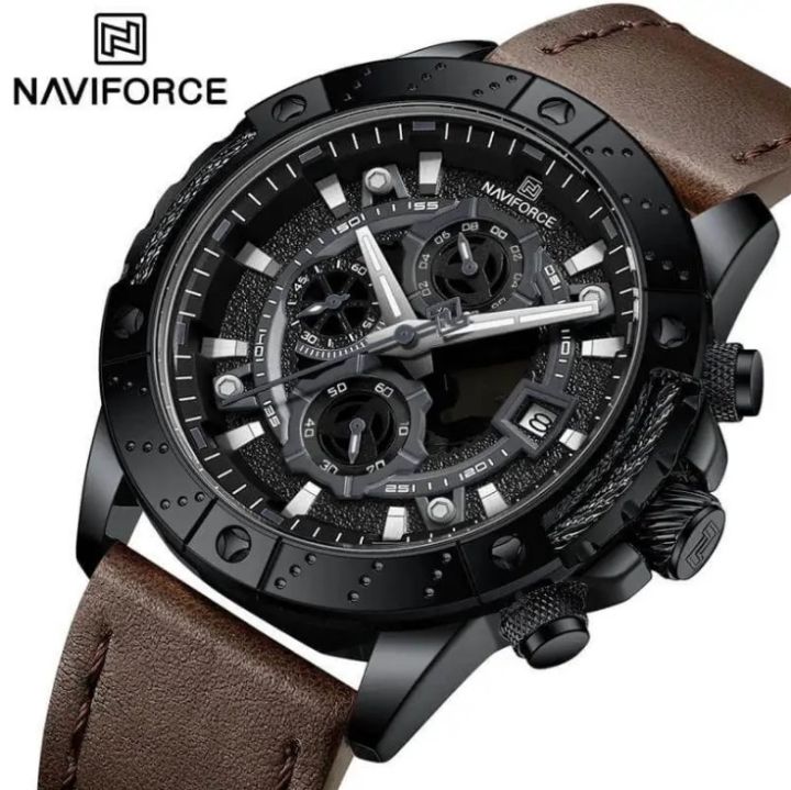 NAVIFORCE NF8055L PU Leather Chronograph Watch For Men’s –Black & Chocolate