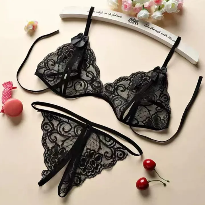 Women's Sexy Lace Underwear Set Bra Mesh Lace Print Three Point Underwear Set