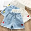 New Summer Girls Jeans Shorts Kids Clothes Baby Girl Cotton Heart Embroidery Bear Denim Short Korean Toddler Casual Pants 2-8Y.