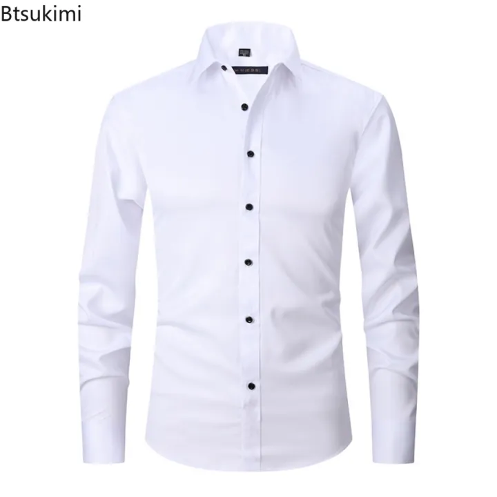 New%202023%20Men's%20Long%20Sleeve%20Dress%20Shirts%20Anti-Wrinkle%20No-Ironing%20Elasticity%20Slim%20Fit%20Men%20Social%20Formal%20Shirts%20Solid%20Camisas%20Male%20-%20Image%203