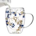 Dry Flowers Double Wall Glass Cup With Handle 350ml Double Layered Mugs Coffee Cups Heat Resistant Milk Mug Kitchen Supplies. 