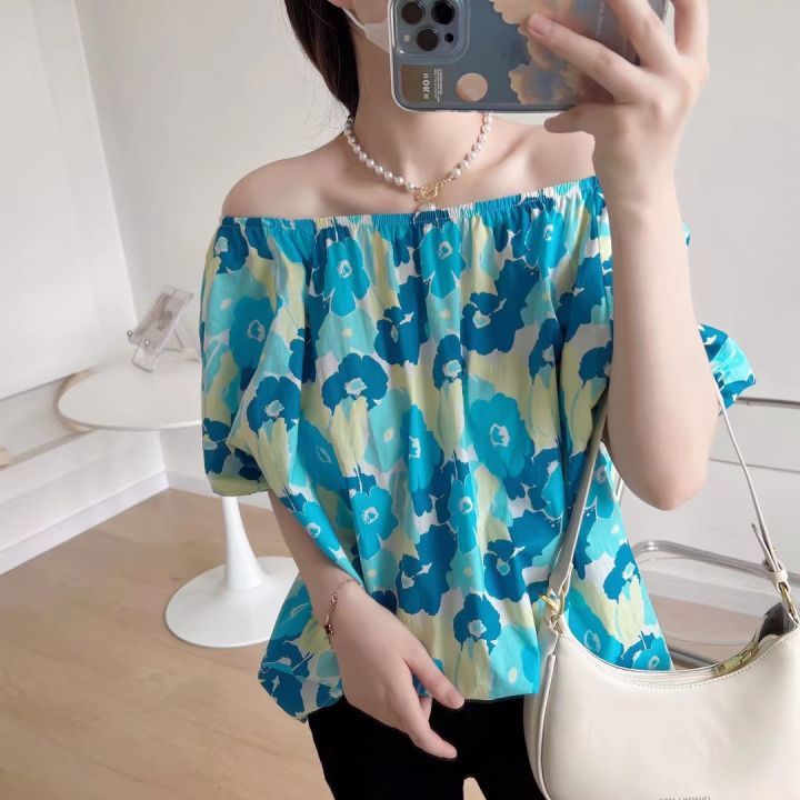 Large Flower Floral-Print off-Shoulder Top Women's Summer Korean Style Fashion Shirt Casual Shirt New Girl Sweet and Spicy