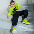 Jazz costume hip hop girls clothing green tops net sleeve black hip hop pants for kids performance modern dancing clothes bl5311.